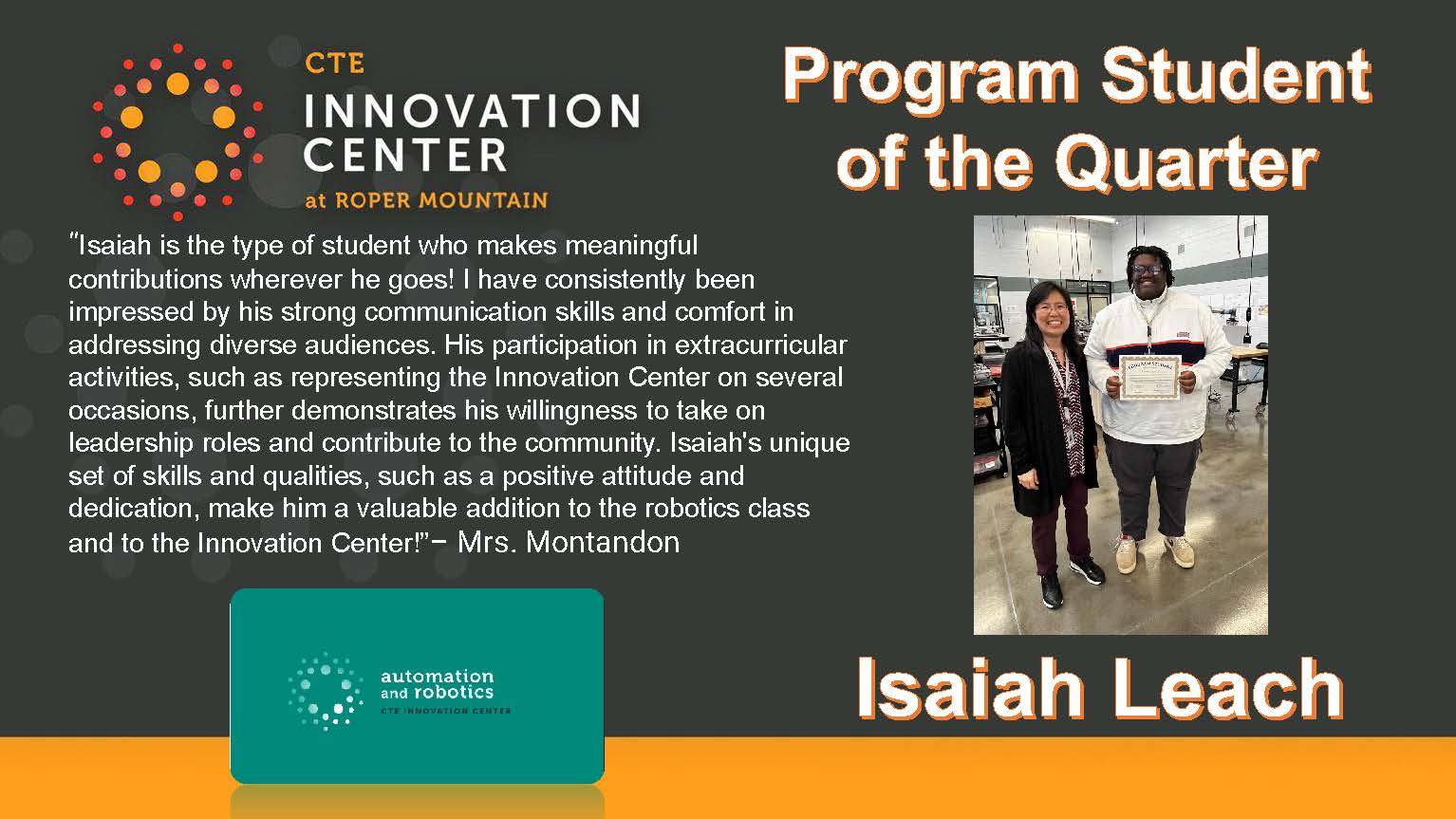 Isaiah Leach Program Student of the Quarter